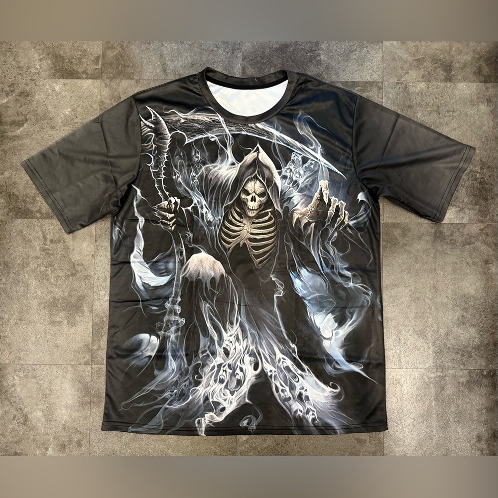 Gothic Black Short Sleeve Tee with Grim Reaper Art